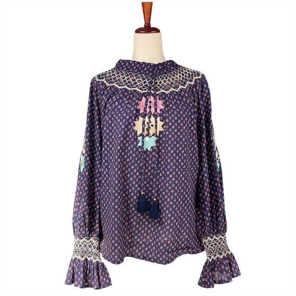 FIGUE Charlie Embroidered Peasant Top in Foulard Mini Berry Size L - Picture 3 of 10